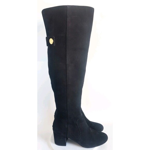 Nine West Knee High Boots Size 7.5 Black Suede Leather Block Heel Zip Riding - Picture 1 of 16